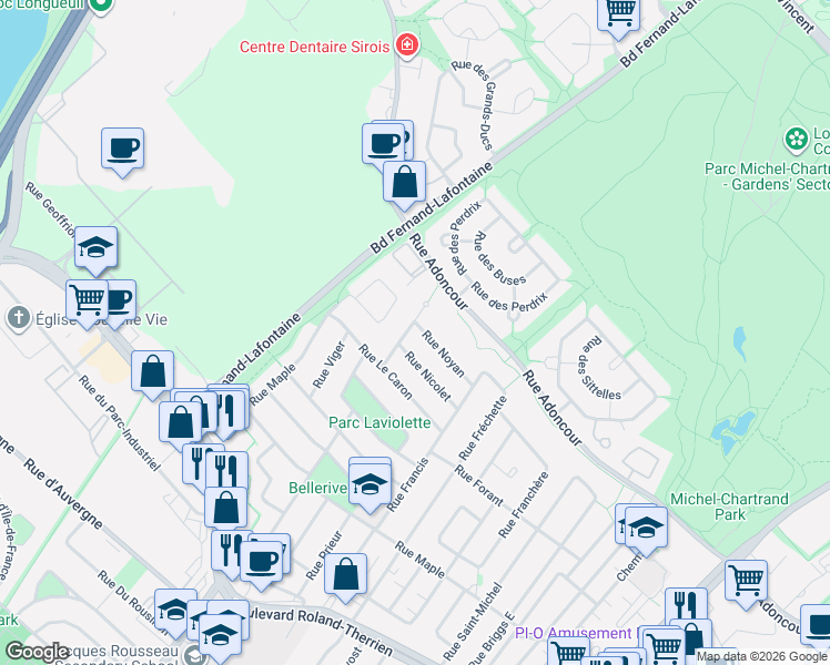 map of restaurants, bars, coffee shops, grocery stores, and more near 1102 Rue Bellerive in Longueuil