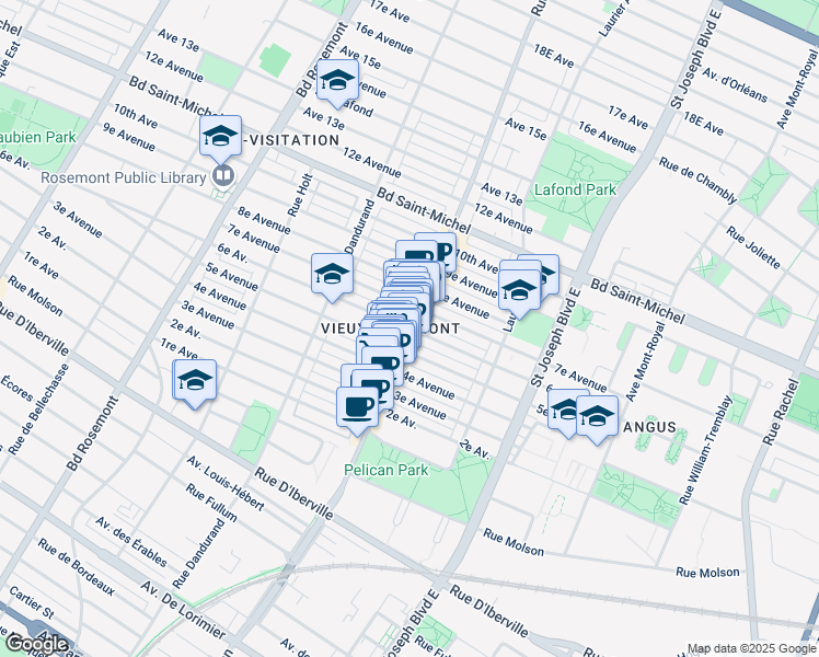 map of restaurants, bars, coffee shops, grocery stores, and more near Rue Masson in Montréal