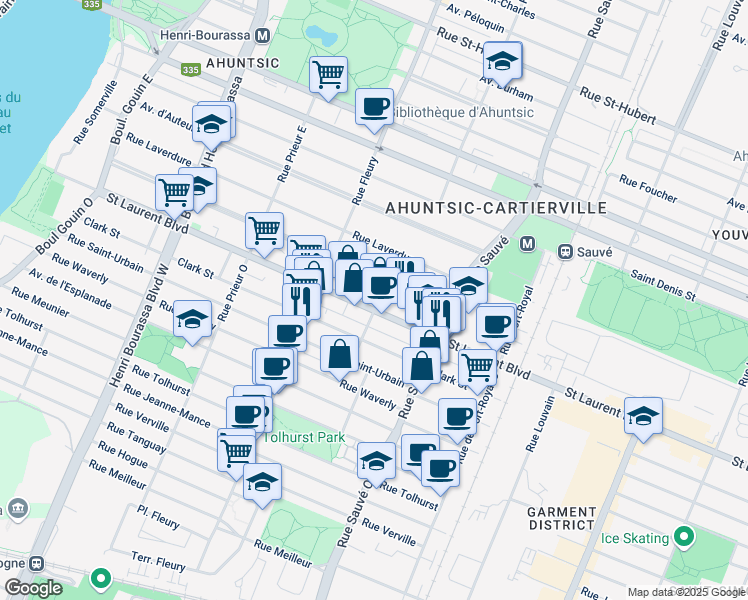 map of restaurants, bars, coffee shops, grocery stores, and more near 10045 Boulevard Saint-Laurent in Montréal