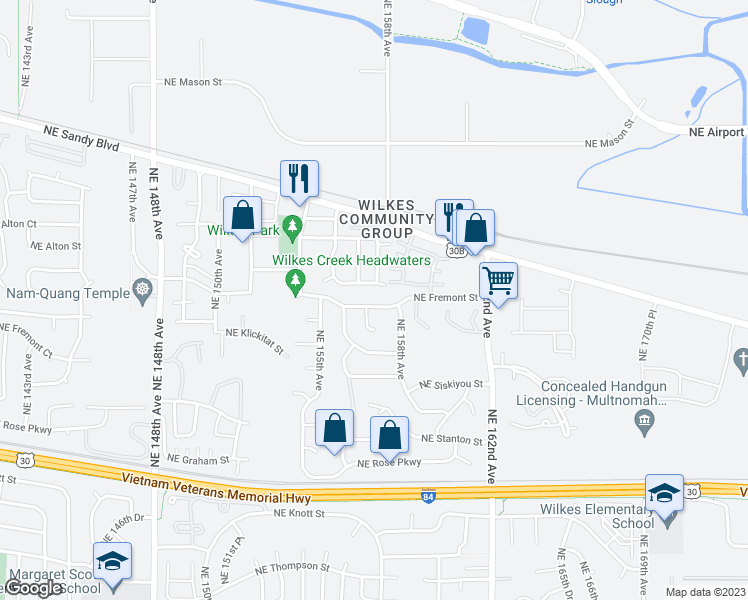 map of restaurants, bars, coffee shops, grocery stores, and more near 3314 Northeast 157th Place in Portland