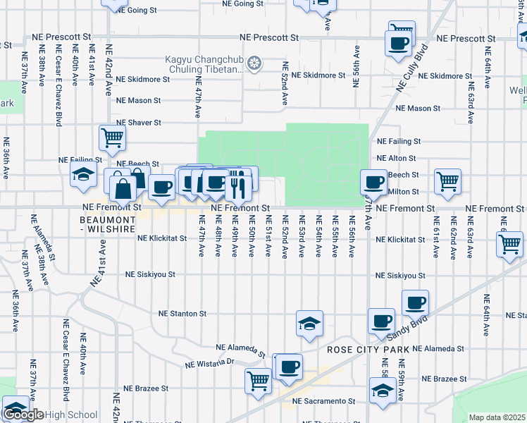 map of restaurants, bars, coffee shops, grocery stores, and more near 3334 Northeast 50th Avenue in Portland