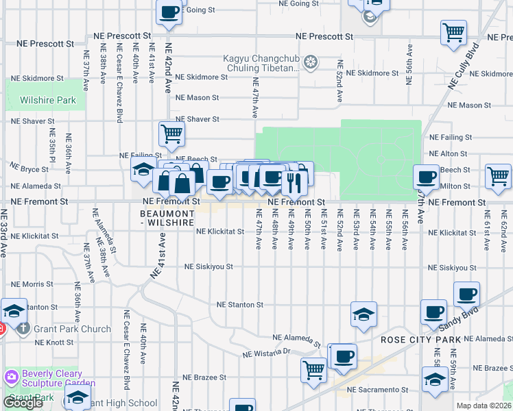 map of restaurants, bars, coffee shops, grocery stores, and more near 3334 Northeast 47th Avenue in Portland
