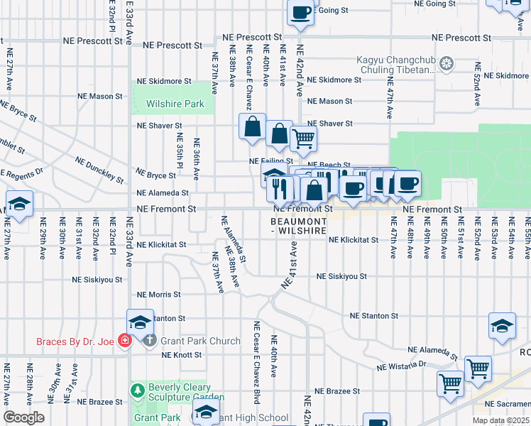 map of restaurants, bars, coffee shops, grocery stores, and more near 3333 Northeast 40th Avenue in Portland