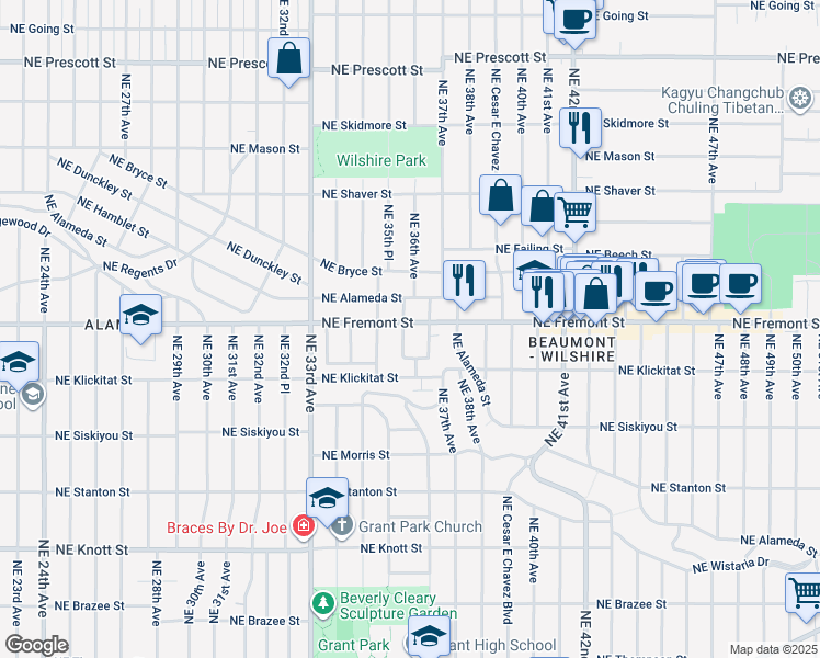 map of restaurants, bars, coffee shops, grocery stores, and more near 3601 Northeast Maltby Street in Portland