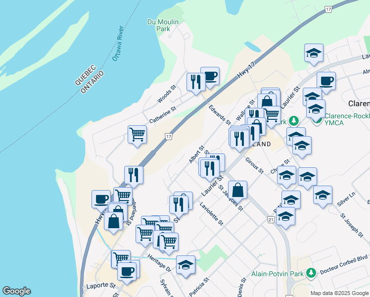 map of restaurants, bars, coffee shops, grocery stores, and more near in Clarence-Rockland