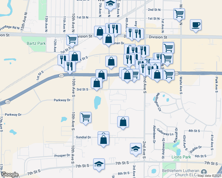 map of restaurants, bars, coffee shops, grocery stores, and more near 490 3rd Street South in Waite Park