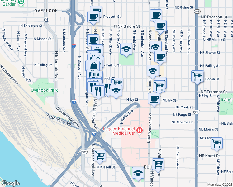 map of restaurants, bars, coffee shops, grocery stores, and more near 620 North Fremont Street in Portland