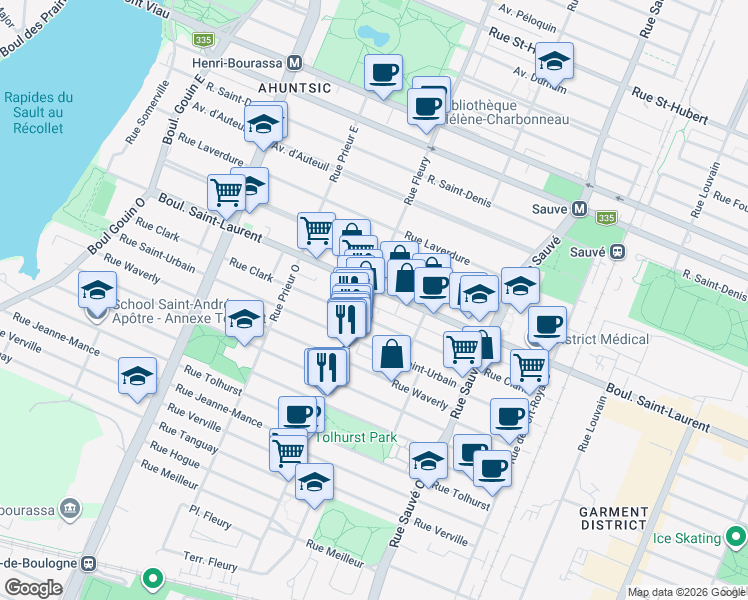 map of restaurants, bars, coffee shops, grocery stores, and more near 10 Rue Fleury Ouest in Montréal