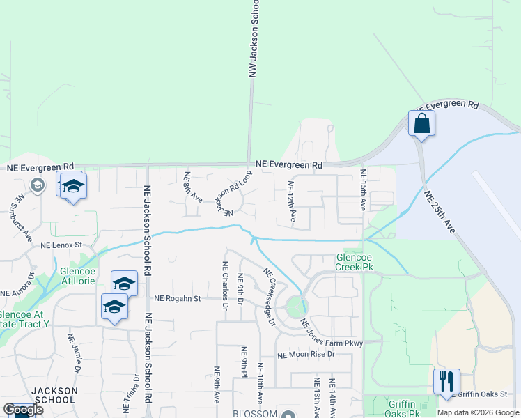 map of restaurants, bars, coffee shops, grocery stores, and more near 3162 Northeast Jackson Road Loop in Hillsboro