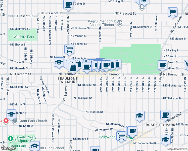 map of restaurants, bars, coffee shops, grocery stores, and more near 3437 Northeast 46th Avenue in Portland