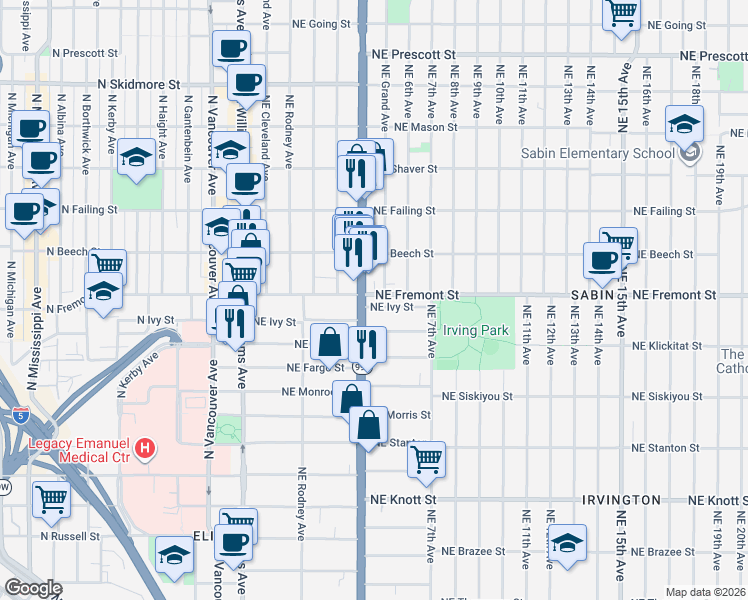 map of restaurants, bars, coffee shops, grocery stores, and more near in Portland
