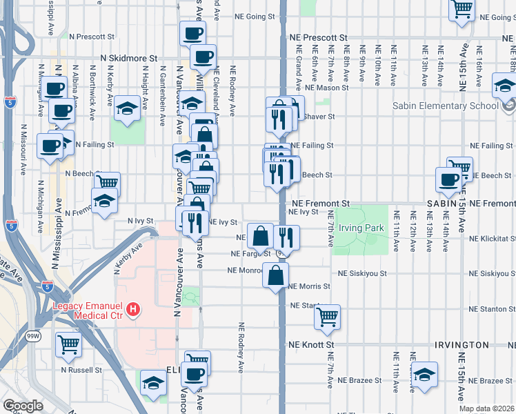 map of restaurants, bars, coffee shops, grocery stores, and more near 216 Northeast Fremont Street in Portland