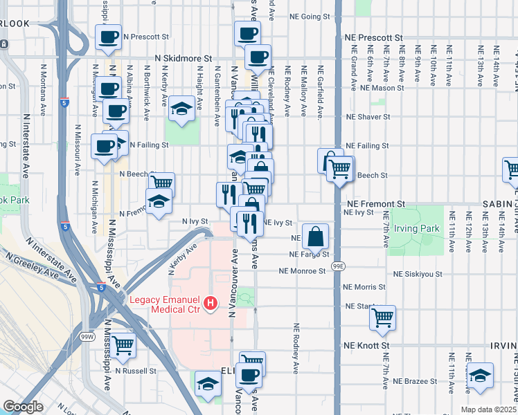 map of restaurants, bars, coffee shops, grocery stores, and more near 12 Northeast Fremont Street in Portland