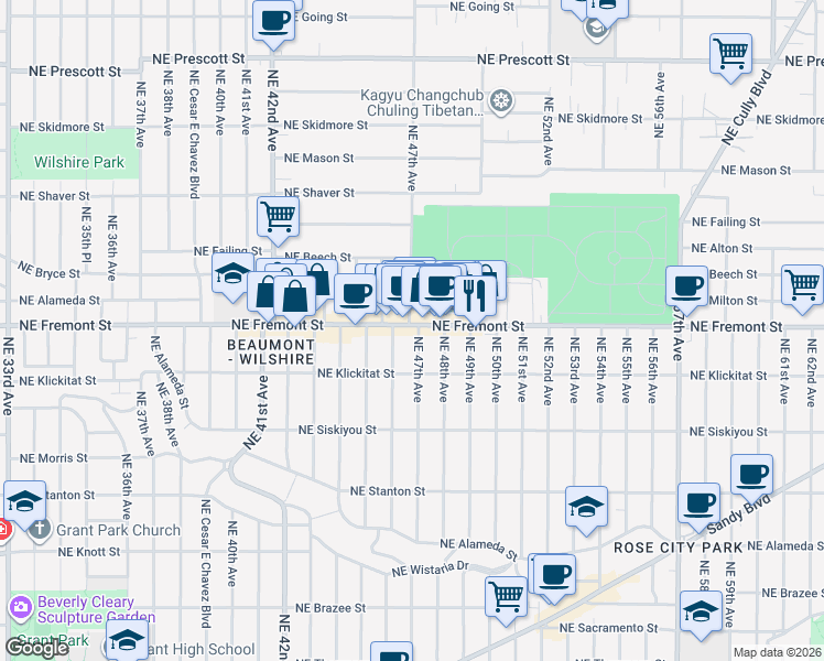 map of restaurants, bars, coffee shops, grocery stores, and more near 4638 Northeast Fremont Street in Portland