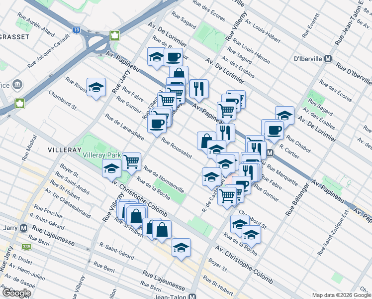 map of restaurants, bars, coffee shops, grocery stores, and more near 7525 Rue Rousselot in Montréal