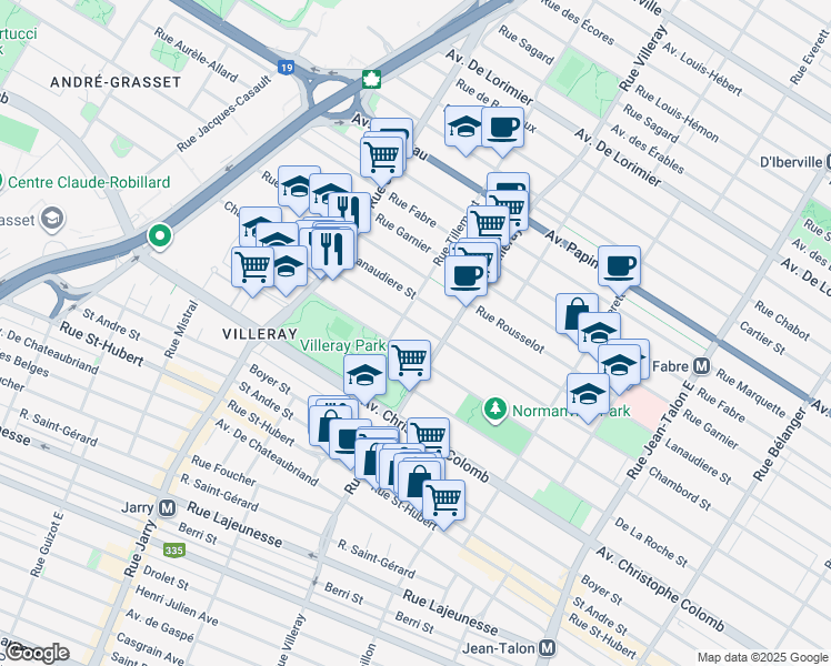 map of restaurants, bars, coffee shops, grocery stores, and more near 7750 Rue Chambord in Montréal