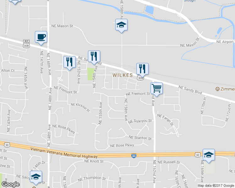 map of restaurants, bars, coffee shops, grocery stores, and more near 15729 Northeast Fremont Street in Portland