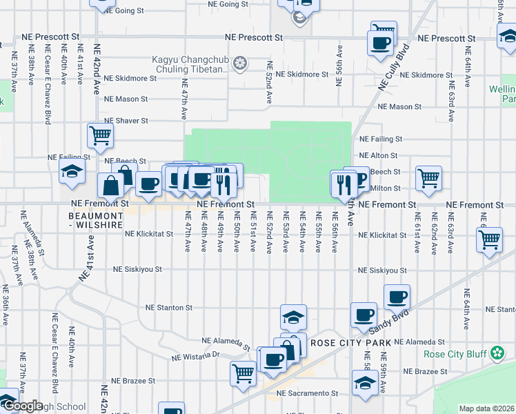 map of restaurants, bars, coffee shops, grocery stores, and more near 3440 Northeast 51st Avenue in Portland