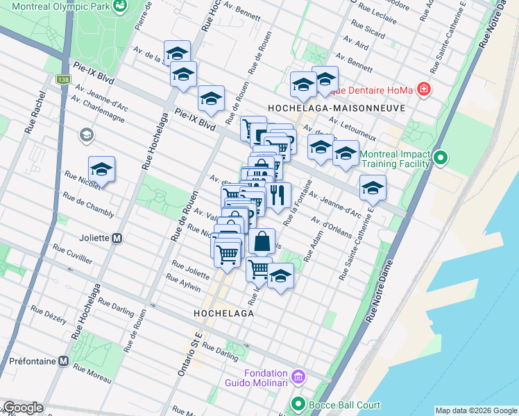 map of restaurants, bars, coffee shops, grocery stores, and more near in Montreal