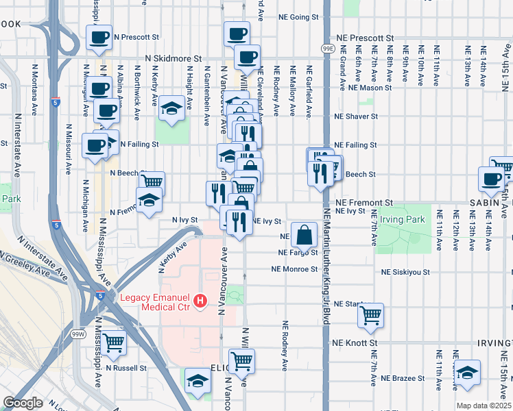 map of restaurants, bars, coffee shops, grocery stores, and more near 30 Northeast Fremont Street in Portland