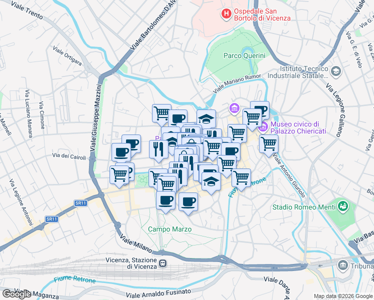 map of restaurants, bars, coffee shops, grocery stores, and more near 2 Stradella dei Filippini in Vicenza