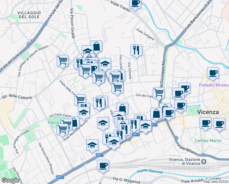 map of restaurants, bars, coffee shops, grocery stores, and more near 85 Via Goffredo Mameli in Vicenza