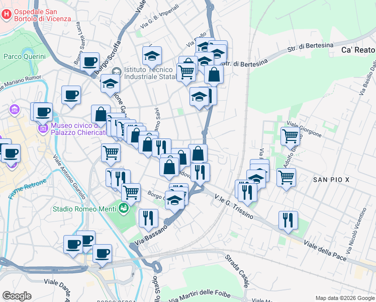 map of restaurants, bars, coffee shops, grocery stores, and more near 14 Via Fratelli Albanese in Vicenza