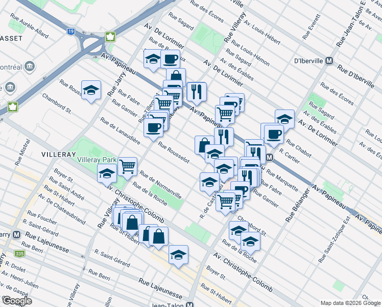 map of restaurants, bars, coffee shops, grocery stores, and more near 7480 Rue Garnier in Montréal