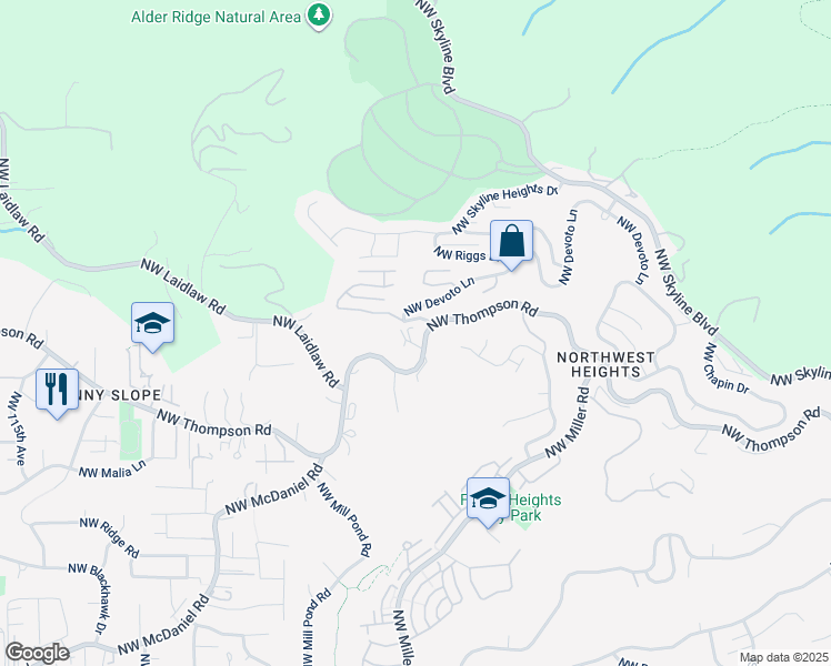 map of restaurants, bars, coffee shops, grocery stores, and more near 10005 Northwest Thompson Road in Portland