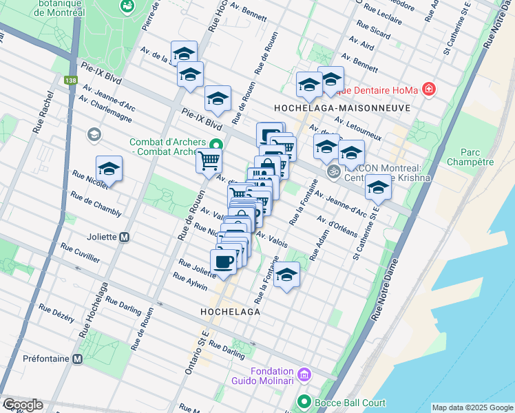 map of restaurants, bars, coffee shops, grocery stores, and more near 3879 Rue Ontario East in Montréal