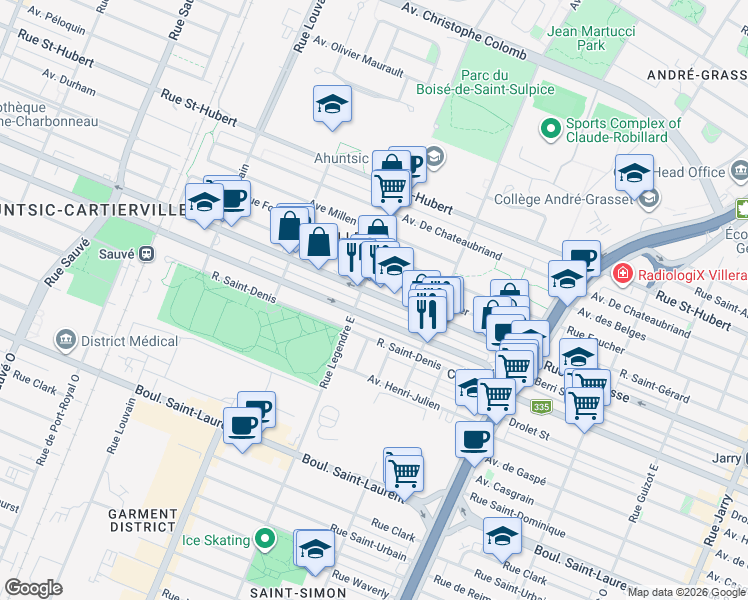 map of restaurants, bars, coffee shops, grocery stores, and more near 9040 Rue Lajeunesse in Montréal
