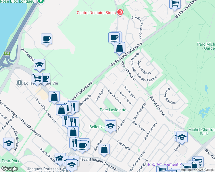 map of restaurants, bars, coffee shops, grocery stores, and more near 741 Rue Le Caron in Longueuil