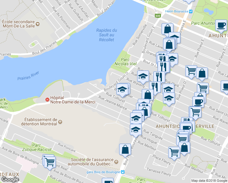 map of restaurants, bars, coffee shops, grocery stores, and more near 11364 Rue Meunier in Montréal