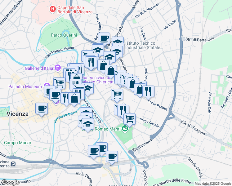 map of restaurants, bars, coffee shops, grocery stores, and more near 12 Borgo Casale in Vicenza