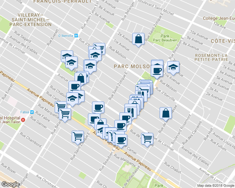 map of restaurants, bars, coffee shops, grocery stores, and more near 6686 Rue Louis-Hémon in Montréal