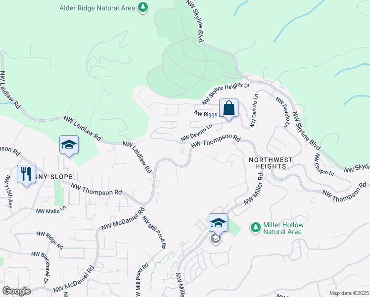 map of restaurants, bars, coffee shops, grocery stores, and more near 10005 Northwest Thompson Road in Portland