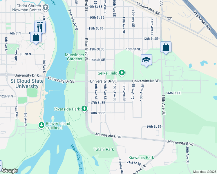 map of restaurants, bars, coffee shops, grocery stores, and more near 1609 9th Avenue Southeast in St. Cloud