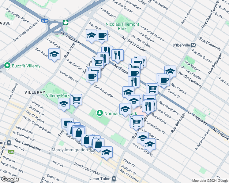 map of restaurants, bars, coffee shops, grocery stores, and more near 7480 Rue Garnier in Montreal