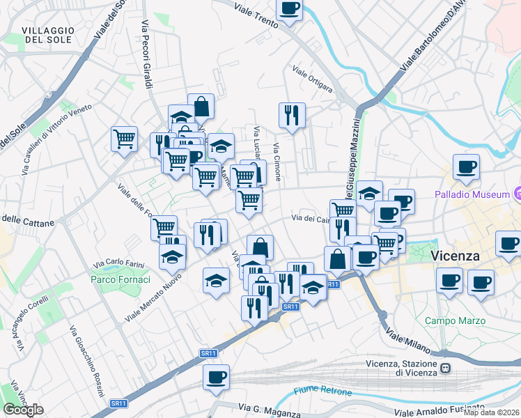 map of restaurants, bars, coffee shops, grocery stores, and more near 56 Via Goffredo Mameli in Vicenza