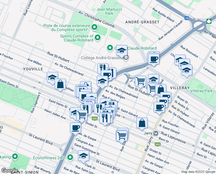 map of restaurants, bars, coffee shops, grocery stores, and more near 8628 Avenue De Chateaubriand in Montréal