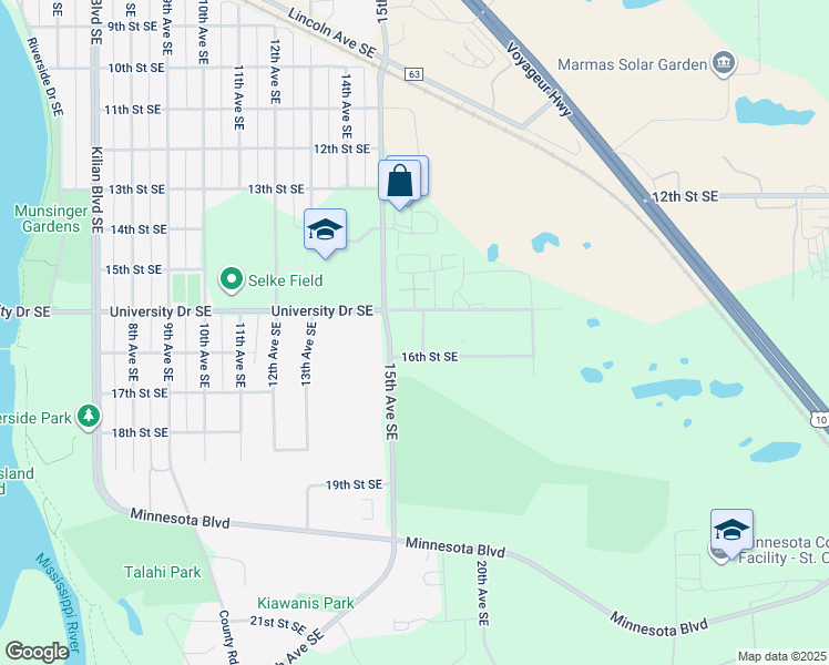map of restaurants, bars, coffee shops, grocery stores, and more near 1515 16th Avenue Southeast in Saint Cloud