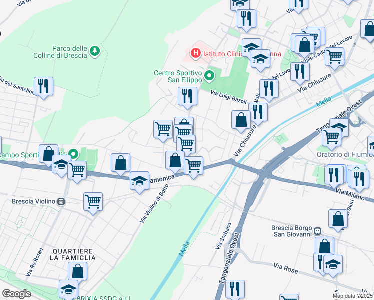map of restaurants, bars, coffee shops, grocery stores, and more near 28 Via Albertano da Brescia in Brescia