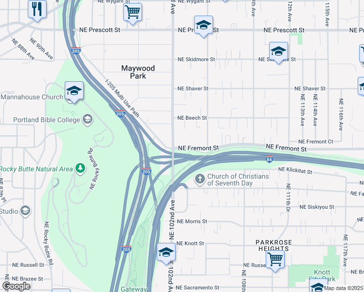 map of restaurants, bars, coffee shops, grocery stores, and more near 10235 Northeast Fremont Street in Portland