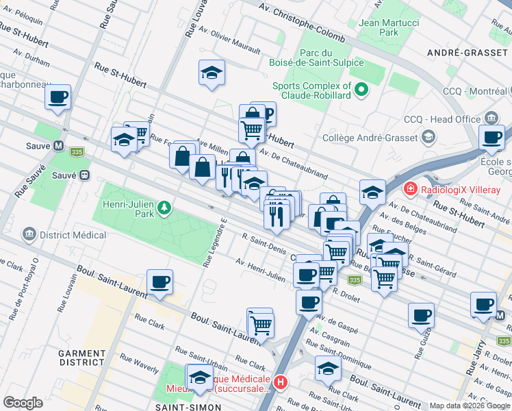 map of restaurants, bars, coffee shops, grocery stores, and more near 8979 Rue Lajeunesse in Montréal