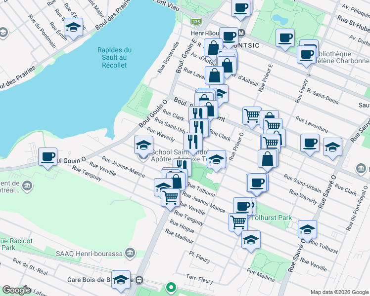map of restaurants, bars, coffee shops, grocery stores, and more near 10720 Rue Waverly in Montréal