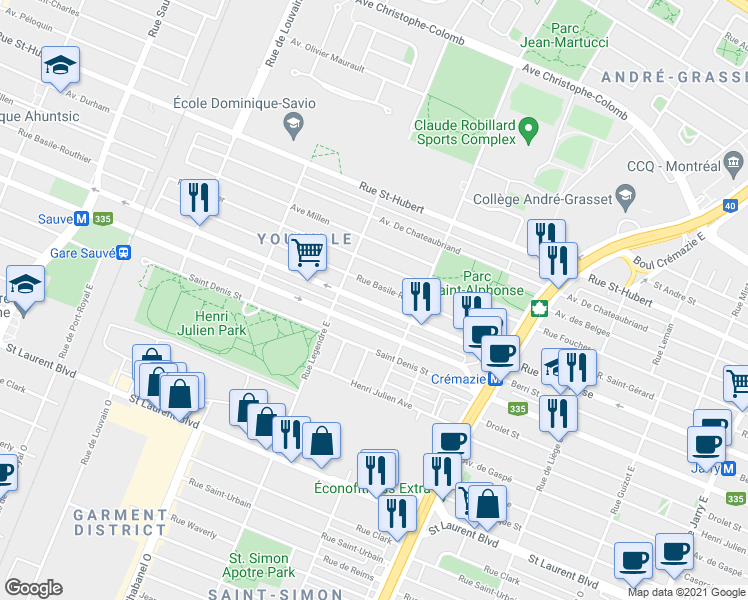 map of restaurants, bars, coffee shops, grocery stores, and more near 8979 Rue Lajeunesse in Montréal