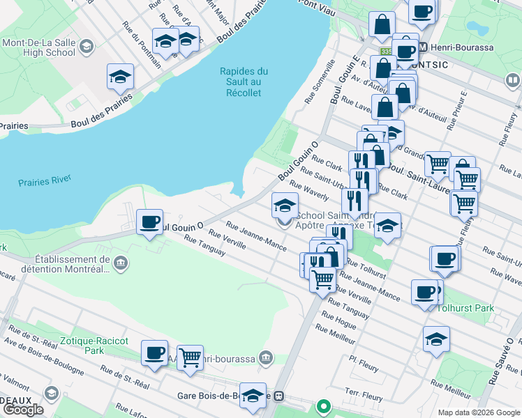 map of restaurants, bars, coffee shops, grocery stores, and more near 11364 Rue Meunier in Montréal