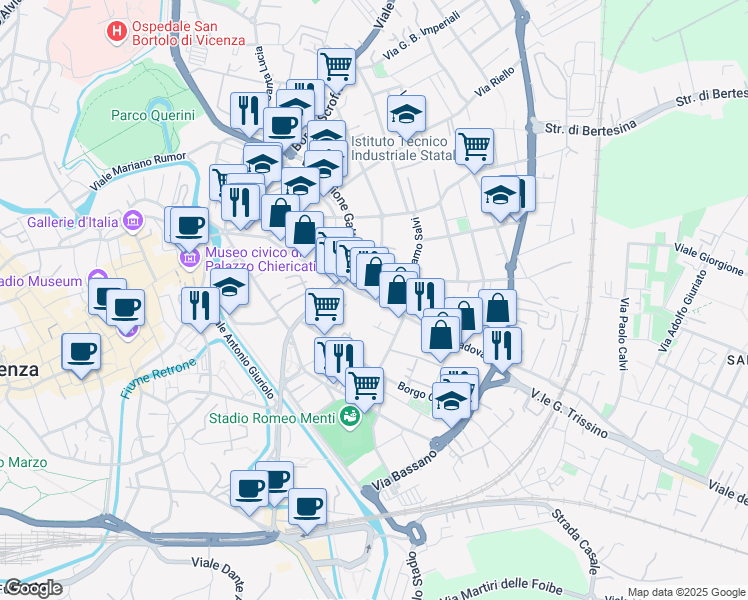 map of restaurants, bars, coffee shops, grocery stores, and more near 44 Corso Padova in Vicenza