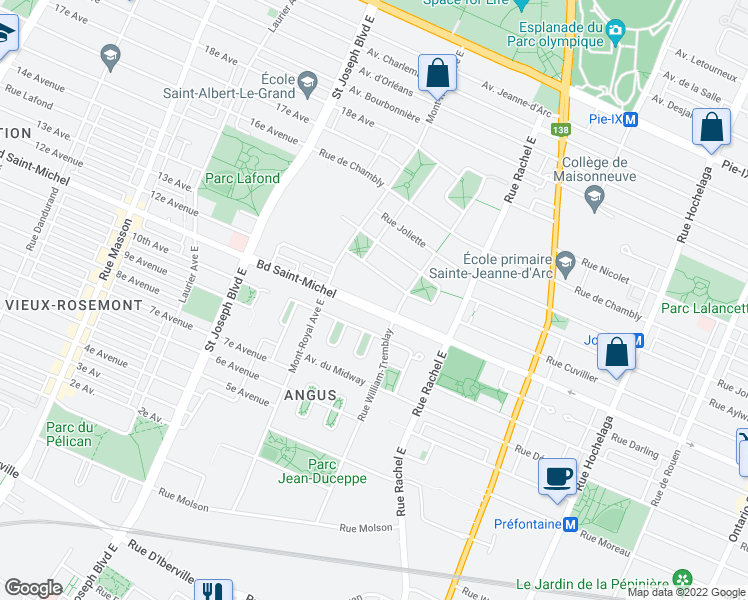 map of restaurants, bars, coffee shops, grocery stores, and more near 4335 Boulevard Saint-Michel in Montréal