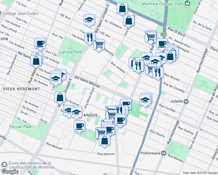 map of restaurants, bars, coffee shops, grocery stores, and more near 4335 Boulevard Saint-Michel in Montréal